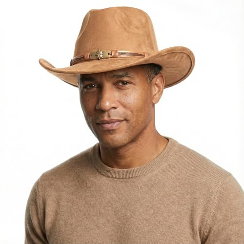 HIQIU Breite Krempe Wildlederimitat Cowboyhut Damen Herren Westernhut - Vintage Cowboy Hut Ethnischer Stil Cowgirl-Hut mit Seildekoration