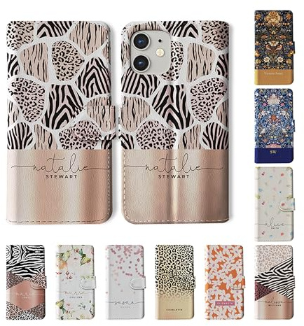 Tirita Personalised Wallet Phone Case for iPhone 15 With Card Holder – Leather Flip Case or Cover With Custom Name – Cute Personalised Gift for Women [13. Leopard Print Collage]