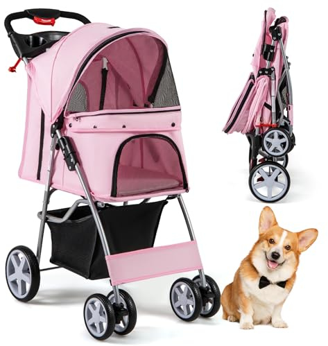 GYMAX Haustierwagen, faltbarer Katzen-/Hundebuggy bis 15 kg belastbar, Hundewagen mit Aufbewahrungskorb, Regenschutzabdeckung & Netzfenster, Reisewagen mit 4 Rädern für kleine Haustiere (Rosa)