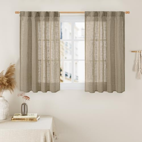 LAMIT Leinen-Vorhänge für kleine Fenster, 101,6 cm Länge, halbtransparente Lichtfilterpaneele, Rücklasche und Stangentasche, Landhausdekor-Vorhänge für Keller/Küche, Taupe, 2 Paneele, 86,4 x 101,6 cm