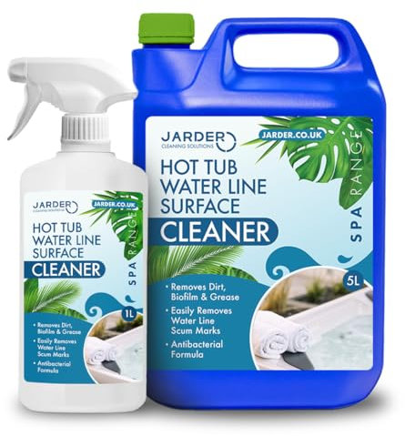 Jarder Hot Tub Waterline Surface Cleaner 5L+ 1L Spray Bottle - Antibacterial Formula - Removes Stains, Biofilm, Oil and Grease at the Water Level on your Hot Tub