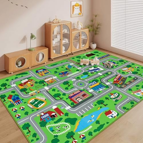 Capslpad Kinderteppich 200x300cm rutschfest Stadtplan Spielteppich Pädagogischer Spielteppich Maschinenwaschbar Kurzer Flor Autoteppich Kinder für Kinderzimmer Schlafzimmer Spielzimme Grün