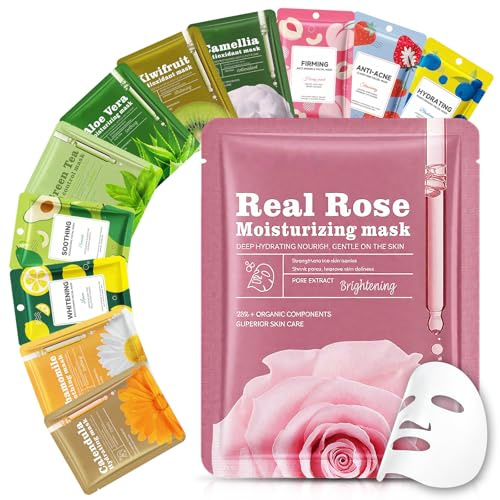 12 Maschere Viso in Tessuto, Idratanti e Lenitive, Maschere Viso Skincare Quotidiano con Ingredienti Naturali, Maschera collagene viso coreana, Adatte a Tutti i Tipi di Pelle