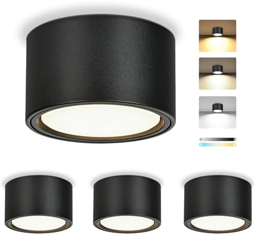 KYOTECH Faretto da Soffitto Dimmerabile, Faretto da Superficie per Interni 2700K/4000K/6500K Ø95x55mm Nero, Incluso Modulo LED GX53 7W 800LM 230V, Plafoniera in Alluminio per Soggiorno, 4 Pezzi