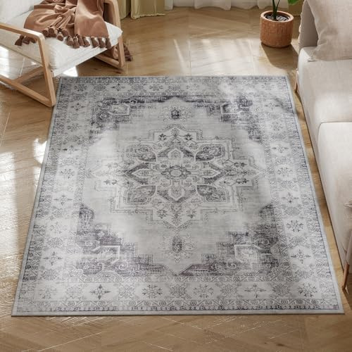 HOMCOM Vintage Area Rug, Non-Slip Washable Rug, Flannel Floor Carpet for Living Room, Bedroom, Dining Room, Home Office, 170 x 120 cm, Grey