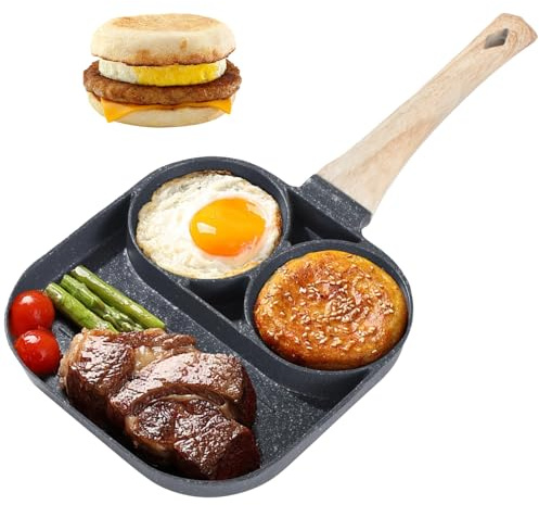 SWEWARM 3-in-1 Nonstick Frying Pan for Eggs, Pancakes & Burgers - Wood Grain Handle, Induction & Gas Compatible (Black)