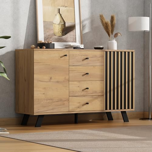 FammyLoft Sideboard Wohnzimmer, Buffetschrank, 120×38×75cm, Holzfarbe | 4 Schubladen und 2 Schränken, 5 Massivholzbeinen