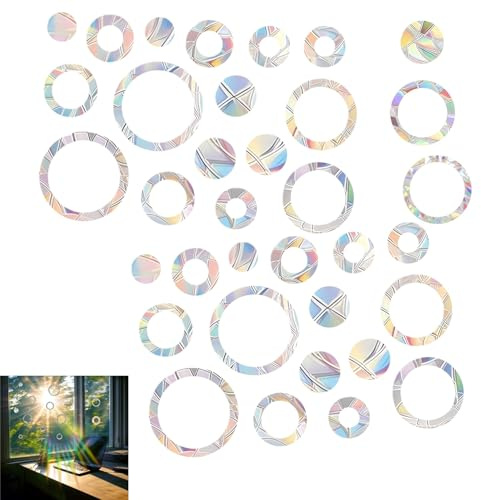 Zpeiran Vogelschutz Aufkleber Fenster,32 Stücke Prisma Aufkleber Runde,Anti Kollisions Aufkleber Gegen Vogelschlag,für Glasscheiben als Dekorative Fensterdekoration Regenbogen Sonnenfänger Sticker