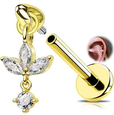 OUFER 16G Innengewinde Gold Lotus Helix Ohrring 316L Chirurgenstahl, CZ Marquise Anhänger Blume Labret Lippenstecker Tragus Piercing Schmuck 6 mm