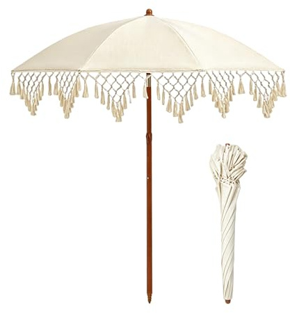 Tragbarer Boho-Strandschirm mit Dreieckigen Fransen, 153cm Terrassenschirm mit Druckknopf-Neigungsverstellung, für Garten, Patio, Markt, Pool