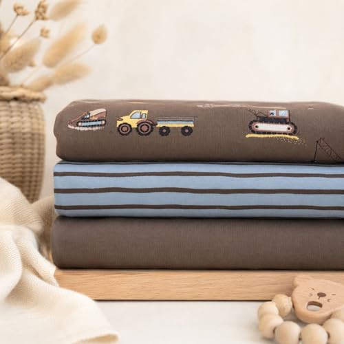 Stoffpaket Jersey-Paket Baumwolljersey | VEHICLES, taupe-dusty blue | Ökotex | elastisch & weich | für Baby- und Kinderkleidung | 3 Stoffe á 50 cm