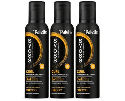 Syoss Palette Curl Mousse Modella Ricci 3 x 250 ml, Schiuma capelli ricci 3-in-1 che acconcia, protegge e ripara, Spuma capelli ricci con complesso vitaminico adatta per il 'Curly Hair Method'