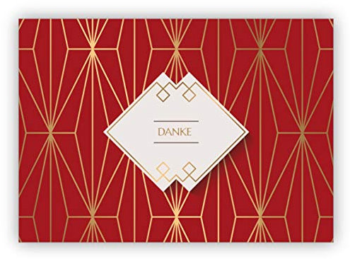 Klappkarten Set (4Stk) Elegante Art Deco Dankeskarte mit Gold Optik in rot für Glückwünsche, Mitarbeiter, Familie & Freunde: Danke • schöne Klappkarte im Set mit Umschlägen um sich zu bedanken
