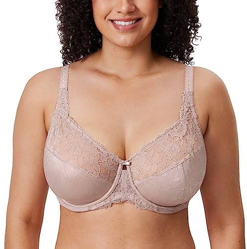 Delimira Women's Beauty Lace Non Padded Minimiser Full Figure Underwire Bra Light Brown 38D