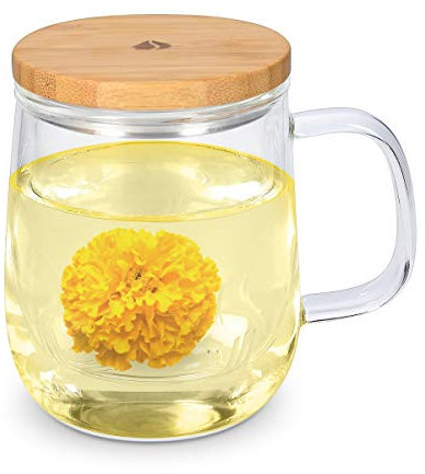 Navaris Taza para té de Vidrio de borosilicato con Filtro y Tapa - Taza para infusión con Filtro de Cristal y Tapa de bambú - 500ML