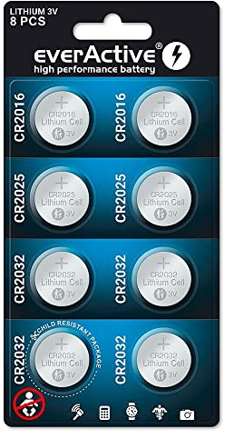 everActive Mix 2X CR2016 2X CR2025 4X CR2032 3V Pile Bouton Lithium Batterie la Plus puissante Batterie 10 Ans Durée de Vie 8 pièces -1 Carte Blister