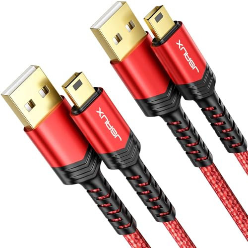 JSAUX cable mini USB, USB 2.0 A a mini B, pack de 2 (1m+2m), rojo | Sincronización USB 2.0, nylon trenzado, conectores dorados, para GoPro Hero 3+, cámara, mando PS3 y Garmin GPS