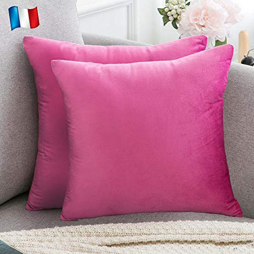 Douceur De Plumes Set di 2 Federe Cuscini Decorativi Tinta Unita in Velluto Rosa Fucsia 45x45 cm, Federa Quadrata Moderna e Morbida, Decorazione Soggiorno Divano Camera Letto (2 Rosa Fucsia)
