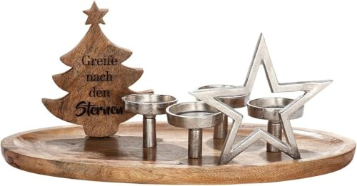 GILDE Deko großer Adventsleuchter XL Kerzenhalter 4 Flammig Holz - Leuchter für 4 Kerzen mit Deko Stern Tannenbaum mit Spruch - Breite 50 cm