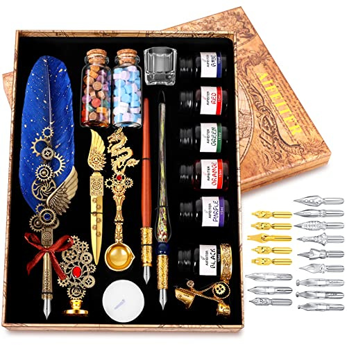 Aifeiter Quill Pen Ink Set-Feather Calligraphy Pen and Set,includes 6 Bottles of,Quill Pen,Glass Dipping Pen,Wooden Dipping Pen,17 nibs,8 Sheets of Writing Paper,Envelope,Spoon-blue