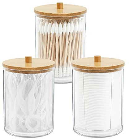 Gukasxi 3 Stück Acryl-Qtip-Halter mit Bambus-Deckeln, Badezimmer-Behälter, Dosen, Spender, Wattestäbchen, Pad-Halter für Badezimmer-Aufbewahrung, Organizer (Clear A)