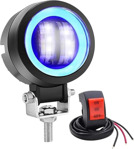 Biqing 2 luci aggiuntive per moto con blu Angel Eye, rotonde da 3 pollici, 20 W, faro LED anteriore 12 V/24 V, faro di lavoro fendinebbia, luci di giorno per moto DRL con interruttore moto 22 mm