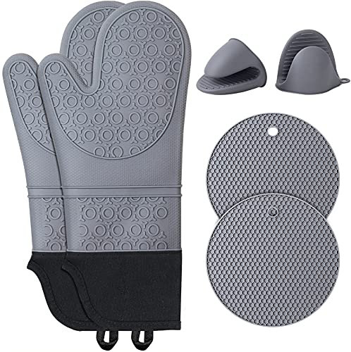 Guanti da Forno in Silicone Impermeabili Antiscivolo: 6 Pezzi Guanti Resistenti al Calore Fino Guanti da Forno e Sottobicchiere Professional per Cucinare Forno Barbecue BBQ Grill & 2 Clip per le Mani