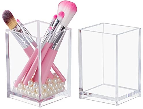 Dezzer Klarer Acryl Stifthalter, Make up Bürstenhalter, Bleistifthalter für Desktop Briefpapier Organizer, 2 Pack Clear Pen Cup für Schreibtisch Zubehör, Schule, Hauslieferungen