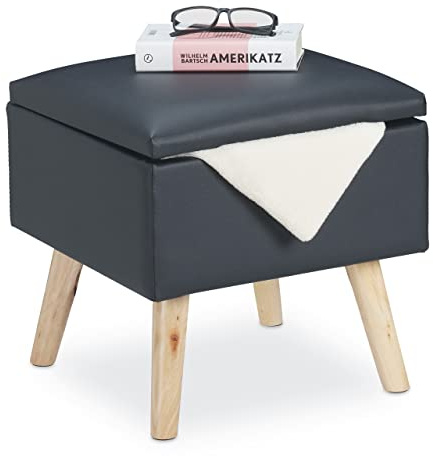 Relaxdays Sittpall med förvaringsutrymme, av konstläder, HBT: 40 x 40 x 40 cm, med lock, vadderad sittkub, mörkgrå