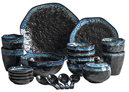 Brigtviee Juego de Vajilla de Porcelana, Juegos de vajilla 20 Piezas con Tazas, platillos, Platos Plano, Platos de Postre, Platos Hondos, Juego de vajilla Combinada para 4 Persona