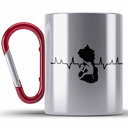 Trendation - Klettern Bergsteigen Geschenk Edelstahl Tasse Karabiner Boulder Geschenkidee Berge Herzschlag (Rot)