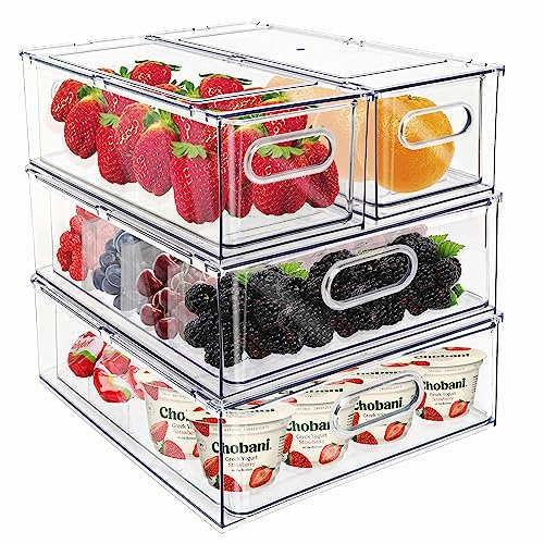 Mano Fridge Drawer Pull Out Stackable Bins with Handle Clear Refrigerator Drawers Organizer Food Storage Container Box with Dividers Plastic Produce Saver for Pantry, Cabinet, Kitchen, Clothes（4Pack）