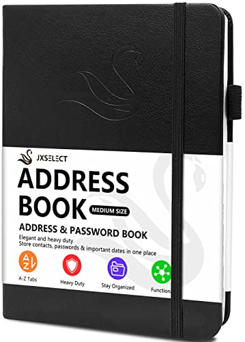 JXSELECT Elegantes Adressbuch mit alphabetischen Tabs, Hardcover Adressbuch & Passworthalter, mit Kontakten, Telefonnummern, Geburtstage, Jubiläen und Notizen (13,2 x 19,6 cm) (schwarz)