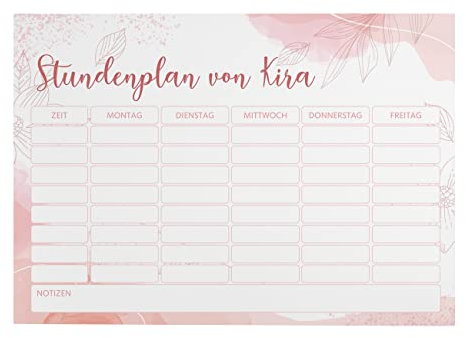 Herz & Heim® Magnetischer Stundenplan mit Blättermotiv für Schule, Studium und Co., personalisiert rosa Watercolor