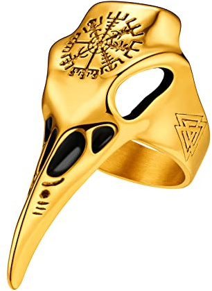 PROSTEEL Bague Homme Crâne de Corbeau Doré avec Motif Boussole Runique Taille 64