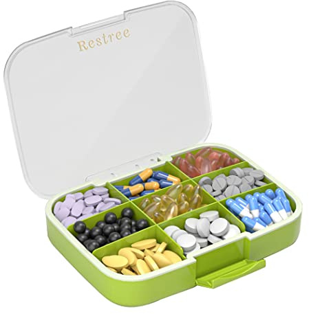 Restree Pill Organizer, Large & Waterproof Travel Pill Case, Adjustable Dividers for Daily Vitamins, Supplements, Fish Oil - Portable Medicine Box for Home & On-The-Go, 9 Compartment (Green)