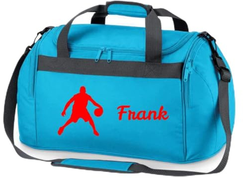 Sporttasche mit Namen Bedruckt für Kinder | Personalisierbar mit Motiv Basketball Spieler | Reisetasche Duffle Bag für Jungen Mädchen Sport (türkis)