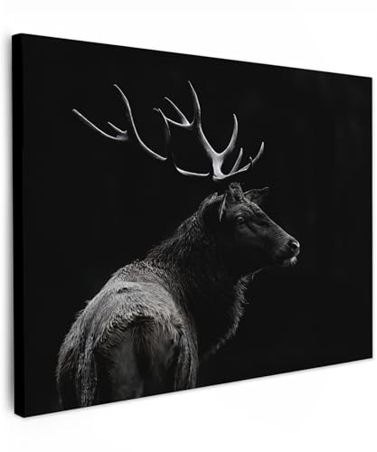 MuchoWow© Bild auf Leinwand Schlafzimmer Bilder Wand Deko Wohnzimmer Modern | 80x60 cm - Wanddeko Bilderwand Geschenk Hirsch - Rotwild - Reh - Schwarz - Porträt - Geweih - Tiere