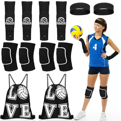 Syhood 8 Pcs Volleyball Knee Pads Arm Sleeves Sweat Band and Drawstring Bag Volleyball Accessories High Protection Gear for Women Teen Girls Youth