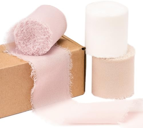 Larcenciel Chiffon Geschenkband Rosa, Fringe Chiffonband Schleifenband Handgefertigte Creme 3 Rollen, Elegante Dekoband für Sträuße, Hochzeitseinladungen, Geschenkverpackung, Dekoration, Haare, 4cmx5m