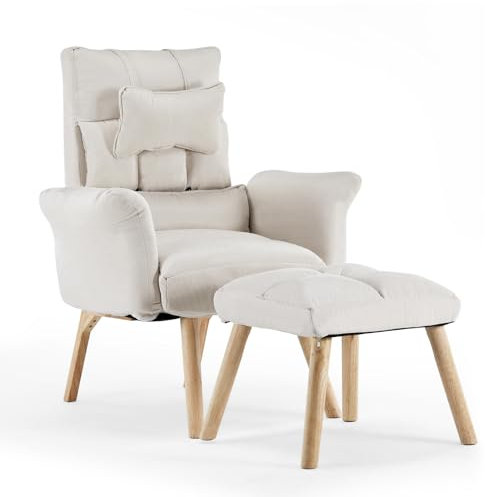 TUKAILAi Poltrona con Poggiapiedi in Velluto e lino, Poltrona Relax Imbottita Reclinabile fino 360°, Gamba di Legno Schienale Braccioli per TV Lettura Camera da Letto caffè Studio(Grigio)
