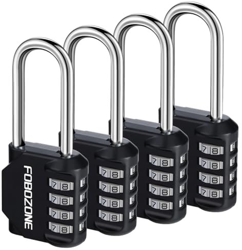 Combination Lock, FOBOZONE 4 Digit Outdoor Waterproof Resettable Code Padlock,for Gym Locker, Cabinet,Shed, Hasp,Gate, Tool Box,School Locker Lock (L Black 4 Pack)