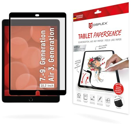 Displex Paper Feel Schreibfolie für iPad 10,2'' (Gen. 6/5/4/3), ablösbar | DISPLEX Tablet PaperSense, Schreibgefühl wie auf Papier, ideal für Apple Pencil, ablösbar ohne Kleber, mit Filz-Schutzhülle