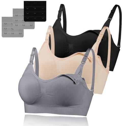 Baycat 3 Pack Women's Nursing Bra, Seamless Wire-Free Nursing & Sleep Maternity Bras, Comfortable Night Nursing Bra with Removable Breast Pads & Extenders (M,Black/Skin Color/Gray)