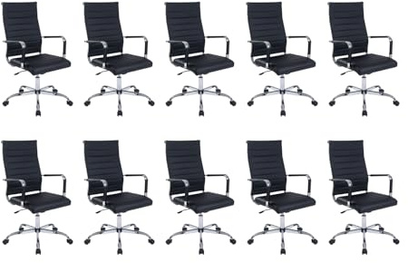 Office Desk Chair with Wheels Set of 10, Ergonomic Black Leather Conference Room Chairs Height Adustable | Ribbed High Back | Swivel Rolling Task Chair, Black