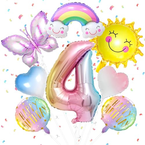 8 Stück Schmetterlinge Luftballons Set, Kindergeburtstag Deko 4 Jahre | 4 Jahre Mädchen Folienballon, Sonne Schmetterling Ballon, mit Band, Geburtstagsdeko, Happy Birthday Decorations, Themenparty
