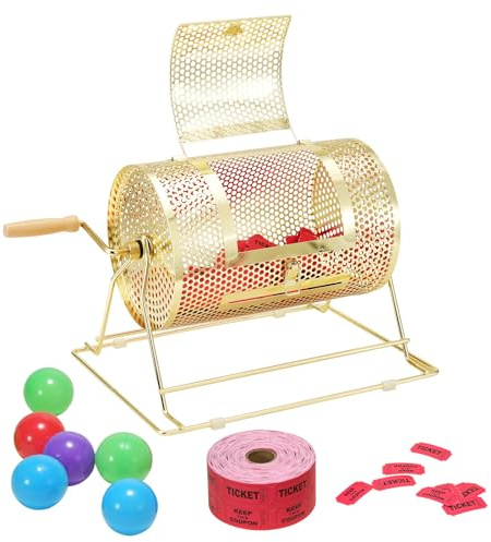 VEVOR Tambor de Tómbola de Lotería Capacidad de 2500 Boletos o 100 Pelotas de Ping-Pong Jaula de Juego de Bingo de Metal Chapado en Latón Mango Giratorio de Madera 295 x 190 mm para Evento de Votación