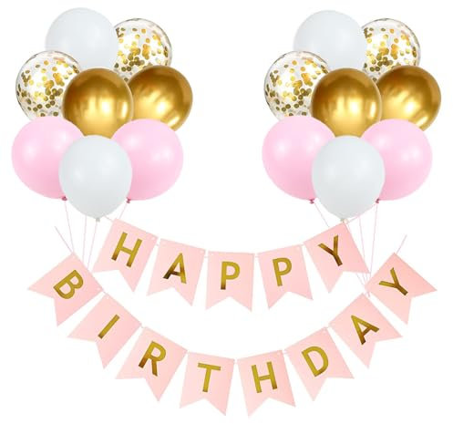 Happy Birthday Macaron Pink and Gold Banner Set - 12 Inch Balloons, Ribbons, Party Supplies and Decoration for Girls Boys (Gd+Pk)