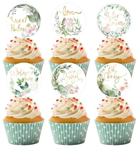 Party Go 36PCS Green Baby Shower Cupcake Toppers Woodland Jungle Leaf Love Welcome Baby Cupcake Picks Sweet Baby Cake Decorations for Gender Reveal Baby Shower Theme Kids Birthday Party Supplies