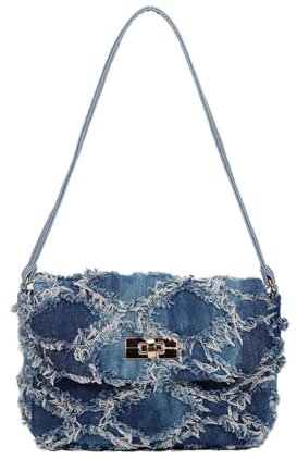 Damen Lässiger Stil Mini-Beuteltasche aus Jeansstoff Schultertasche Umhängetasche Große Tragetaschen Leicht Reise-Clutches im Retro-Stil Kleine Shopper-Handtasche XXFBlau